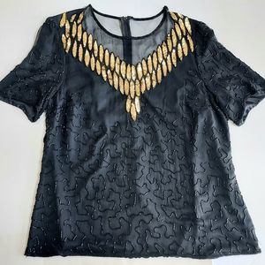 Vintage 1980's Ste'nay Plus 100% Silk Black Beaded & Lined Ladies SS Top Size 3X